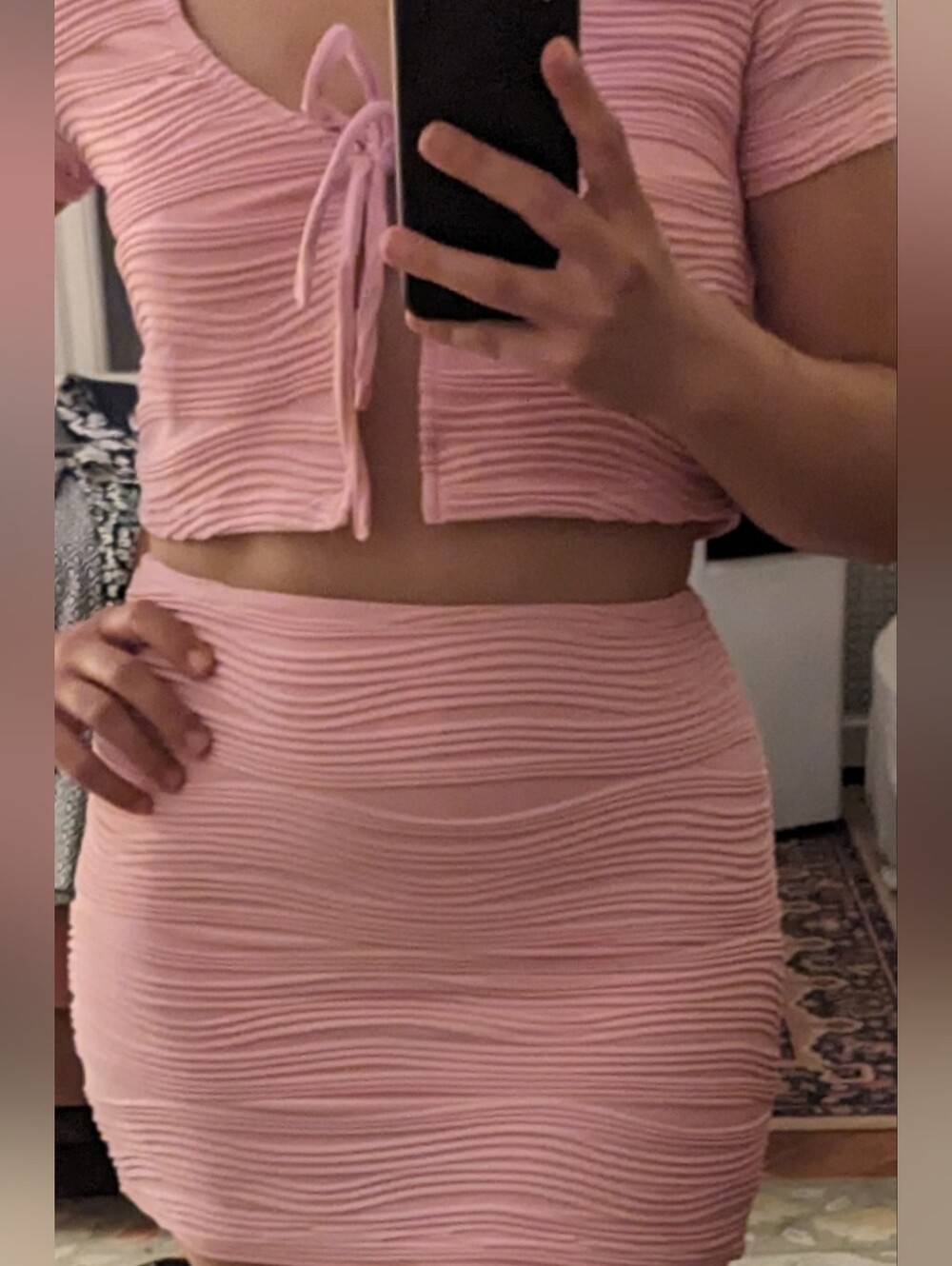 Pink Ribbed Set Mini Skirt+Top